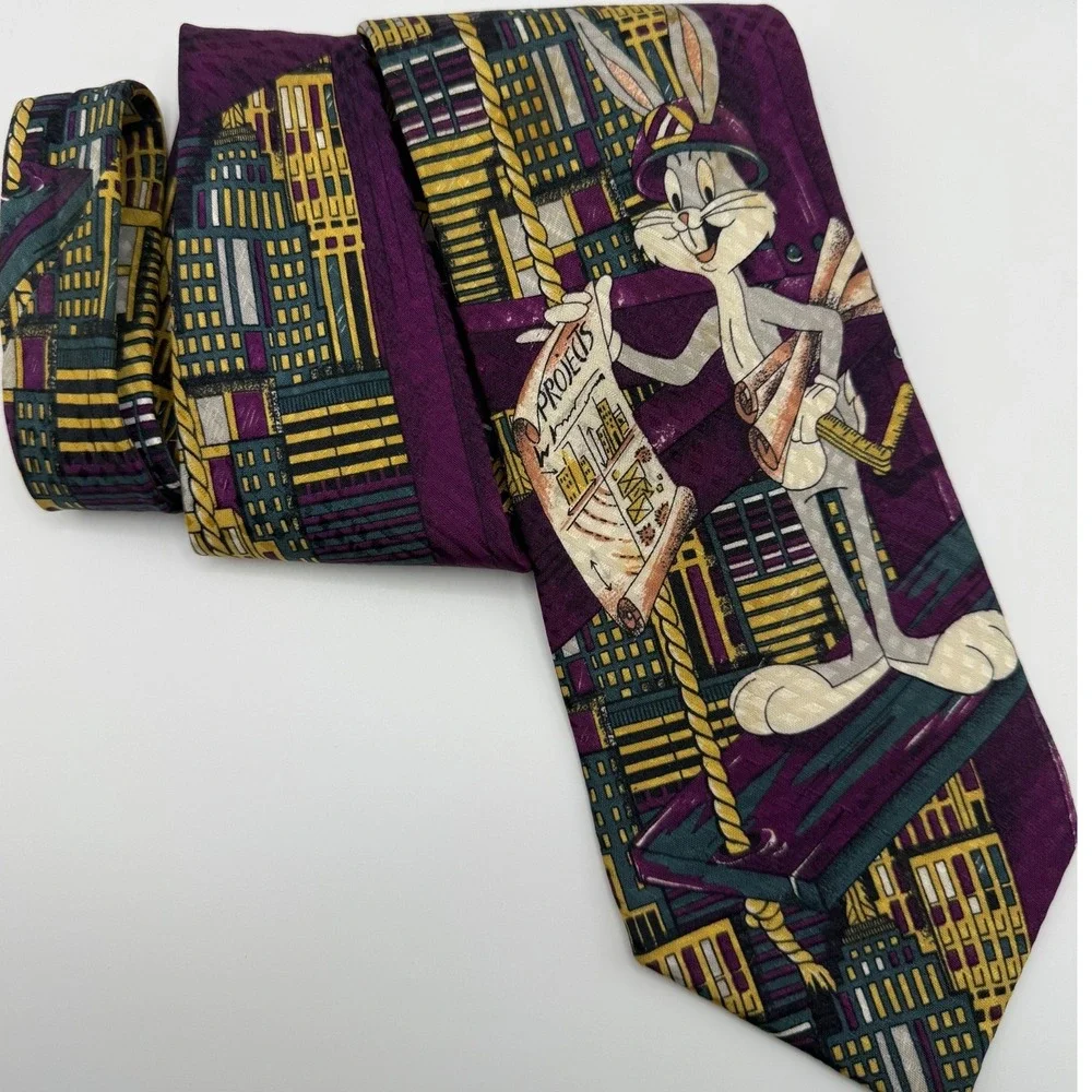 Looney Tunes Silk Tie OS Bugs Bunny Architect 1992 Vintage Purple 90s Cartoon